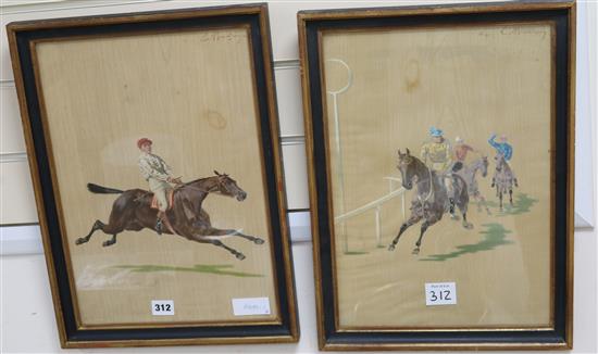 A pair of French lithographs of jockeys on horseback, 41 x 28cm